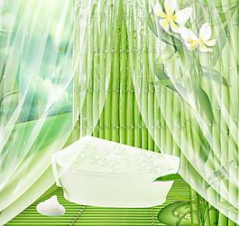 簾布浴盆雞蛋花富貴竹相框背景設(shè)計圖片
