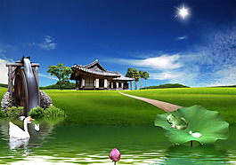 荷塘月色風景PSD素材