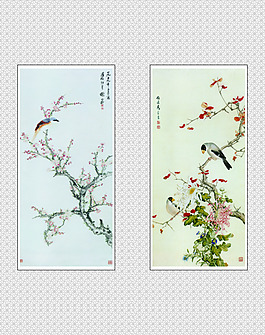 水墨畫花朵小鳥葉子