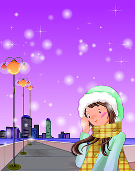 卡通冬季都市女孩移門(mén)圖片