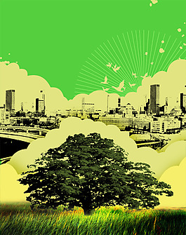 中國風PSD海報素材綠色城市