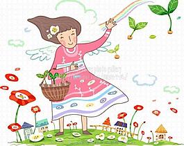 春天 小女孩 卡通兒童圖片