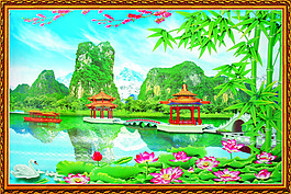 竹子桃花山水風景中堂畫