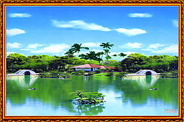 自然風景湖水橋背景墻畫