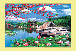 西湖風景陽春三月中堂畫