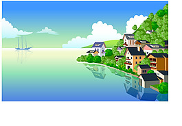 海边房子矢量风景图
