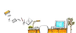 手繪電腦桌學習學生素材