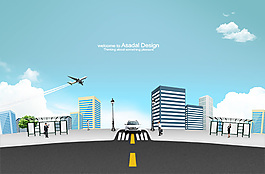 城市大馬路與公交站臺PSD分層素材