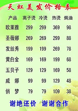 美發(fā)價(jià)格表圖片