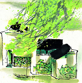 垂柳山水水墨画