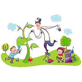 家庭卡通全家植樹