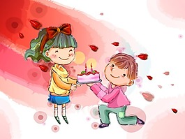 童年卡通插畫生日快樂 情侶