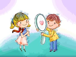 童年卡通插畫情侶甜蜜照鏡子