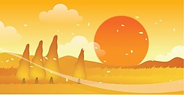 夕陽西下黃昏太陽樹林山坡意境圖