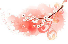 梅花枝葉效果襯玫紅背景圖層