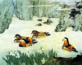 高清國畫素材工筆花鳥之鴛鴦戲水