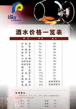 酒水單價格一覽表圖片