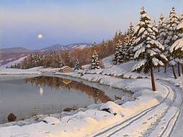 雪景油畫設計素材圖片