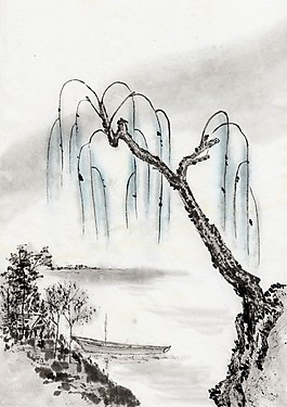 水墨樹木山水畫