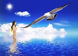 清涼海水泳裝美女風景圖片