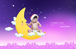 可愛寶寶彎月亮紫色背景