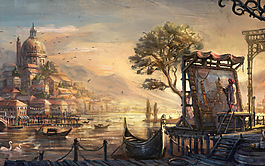 古典鄉(xiāng)村小鎮(zhèn)城堡村莊畫家水城船只