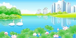 城市湖邊荷花天鵝（背景）圖片