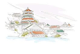 手繪淡彩建筑