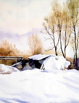 鋪滿白雪的木屋圖片