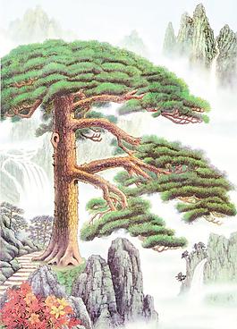 油画迎客松图片