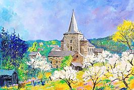 油画 山村春色图片