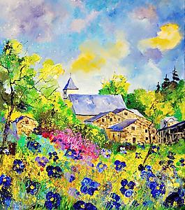 油画 山村春色图片