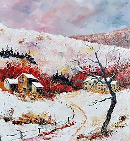 油畫 山村冬景圖片