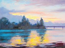 油畫 夕陽湖景圖片