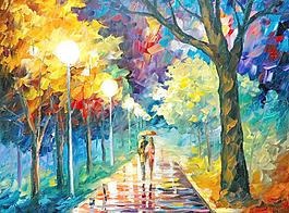 油畫 漫步雨夜圖片