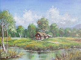 油畫 河岸小木屋圖片