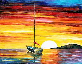 油画 夕阳小船图片
