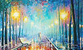 油畫 浪漫雨夜圖片