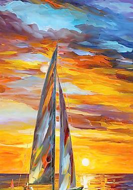 油画 夕阳帆船图片