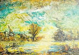 油畫 夕陽湖景圖片