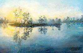 油畫 落日湖景圖片