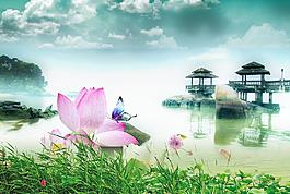 池邊荷花圖片