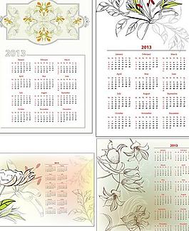 2013年花卉線稿日歷矢量素材