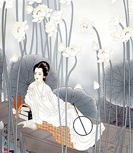手绘荷塘美女图片