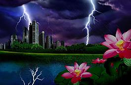 環保城市閃電雨夜圖片