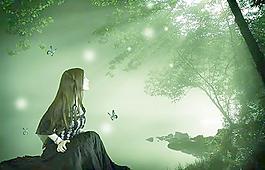 迷霧森林湖畔美女PSD分層素