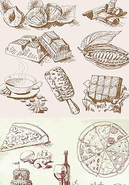 素描西式食物建筑设计矢量素材