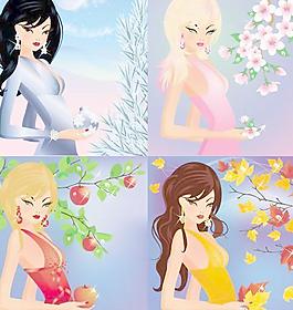 春夏秋冬季节美女插画矢量素材