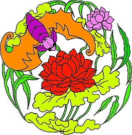 中國元素圓形牡丹蝙蝠富貴圖