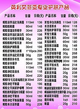 護膚產品價目表圖片